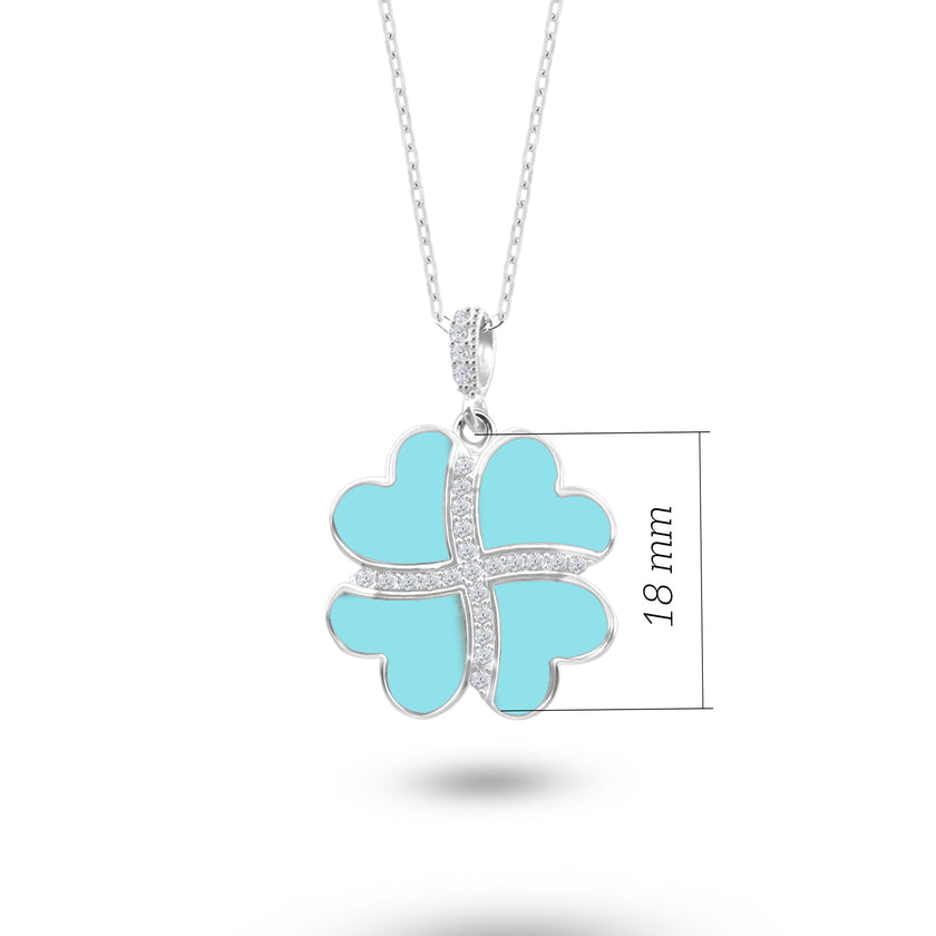 Gümüş Kalp Yonca Kolye, Mavi Turkuaz Taşlı Kolye Ucu, 925 Ayar Gümüş, Şık Takı Hediye, Şans Getiren Tasarım