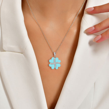 Gümüş Kalp Yonca Kolye, Mavi Turkuaz Taşlı Kolye Ucu, 925 Ayar Gümüş, Şık Takı Hediye, Şans Getiren Tasarım