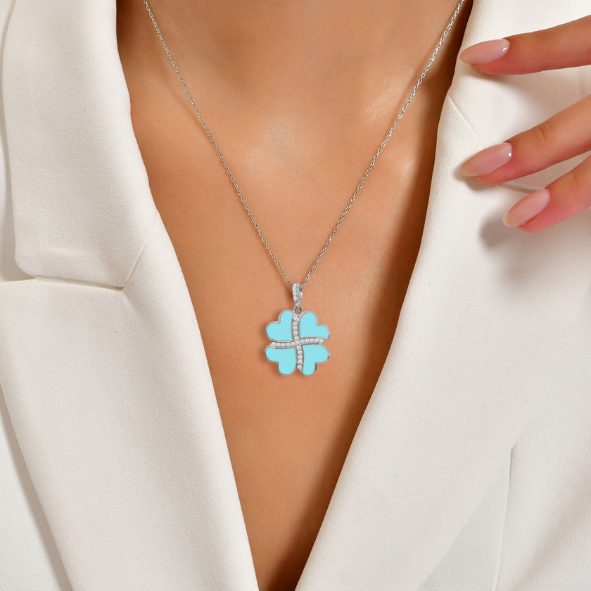 Gümüş Kalp Yonca Kolye, Mavi Turkuaz Taşlı Kolye Ucu, 925 Ayar Gümüş, Şık Takı Hediye, Şans Getiren Tasarım