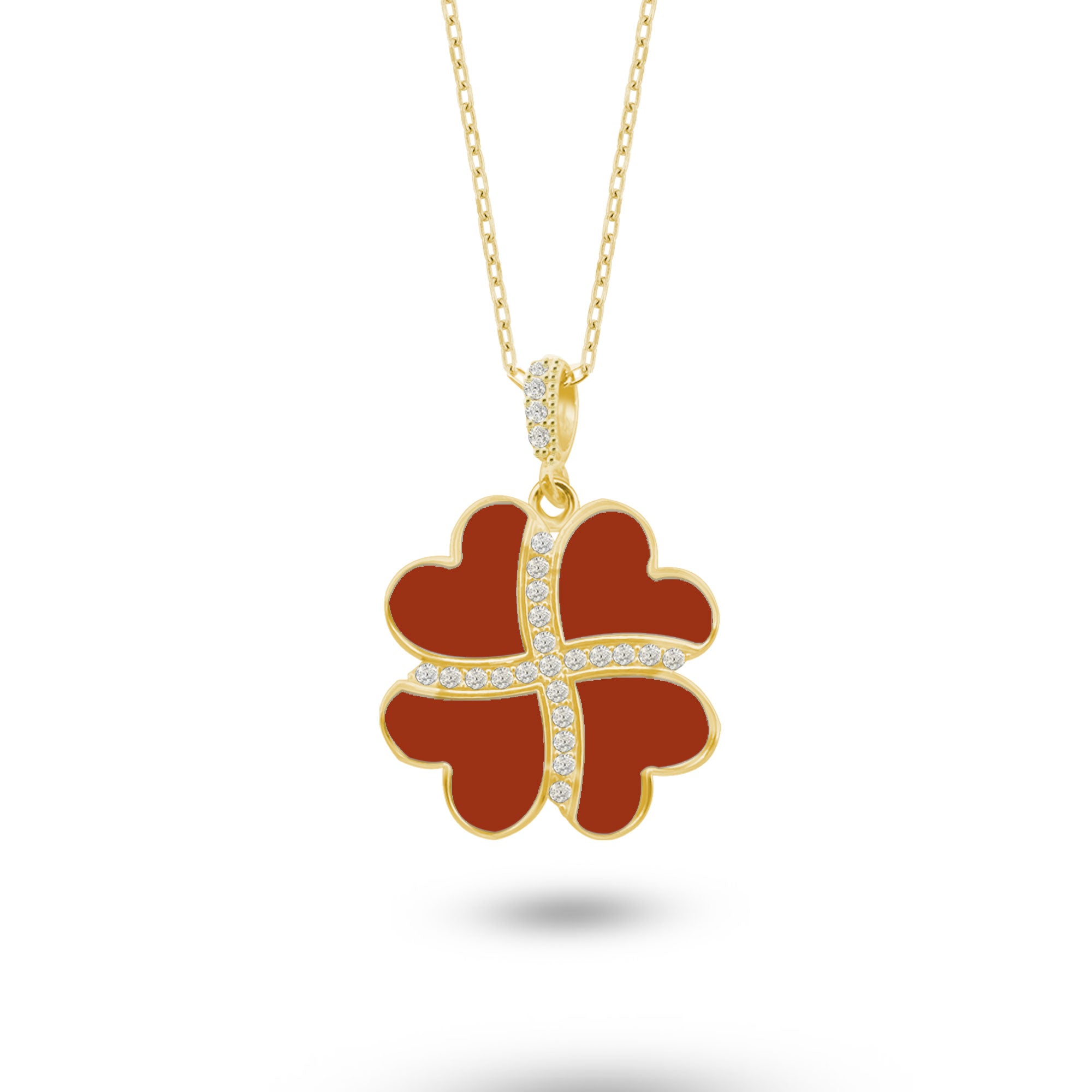 Gümüş Kalp Yonca Kolye, Kırmızı Akik Taşlı Kolye Ucu, 925 Ayar Gümüş, Şık Takı Hediye, Şans Getiren Tasarım