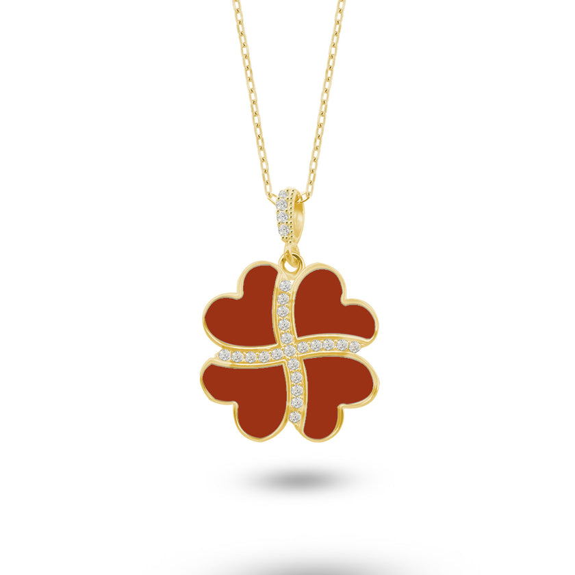 Gümüş Kalp Yonca Kolye, Kırmızı Akik Taşlı Kolye Ucu, 925 Ayar Gümüş, Şık Takı Hediye, Şans Getiren Tasarım