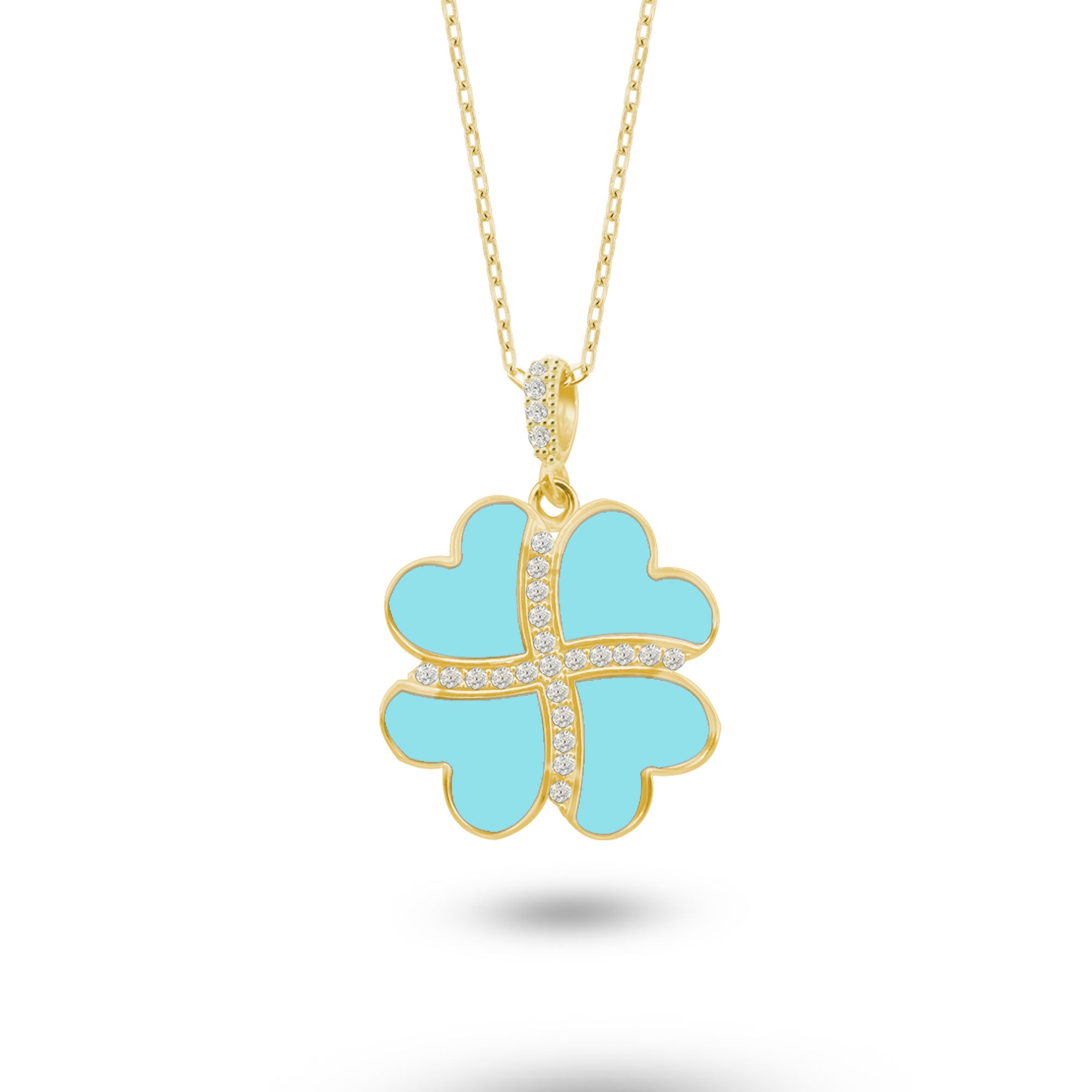 Gümüş Kalp Yonca Kolye, Mavi Turkuaz Taşlı Kolye Ucu, 925 Ayar Gümüş, Şık Takı Hediye, Şans Getiren Tasarım