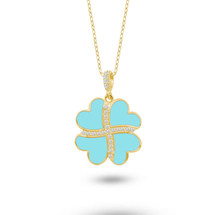 Gümüş Kalp Yonca Kolye, Mavi Turkuaz Taşlı Kolye Ucu, 925 Ayar Gümüş, Şık Takı Hediye, Şans Getiren Tasarım