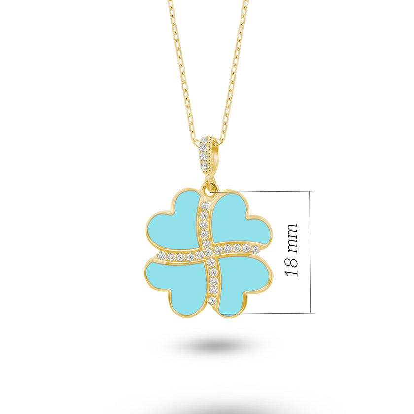 Gümüş Kalp Yonca Kolye, Mavi Turkuaz Taşlı Kolye Ucu, 925 Ayar Gümüş, Şık Takı Hediye, Şans Getiren Tasarım