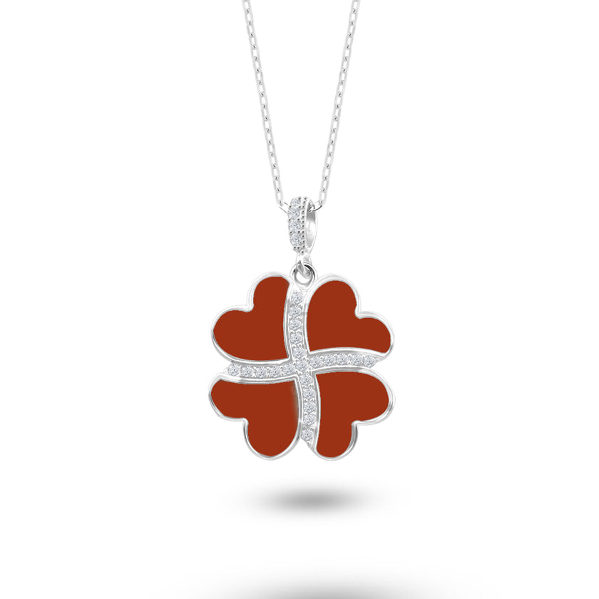 Gümüş Kalp Yonca Kolye, Kırmızı Akik Taşlı Kolye Ucu, 925 Ayar Gümüş, Şık Takı Hediye, Şans Getiren Tasarım