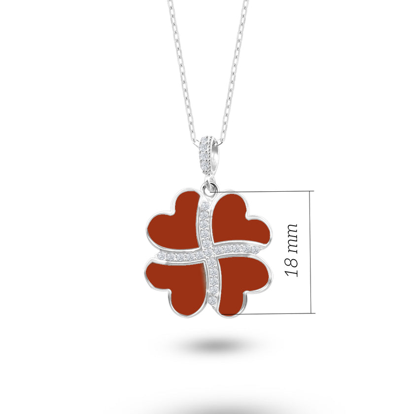 Gümüş Kalp Yonca Kolye, Kırmızı Akik Taşlı Kolye Ucu, 925 Ayar Gümüş, Şık Takı Hediye, Şans Getiren Tasarım