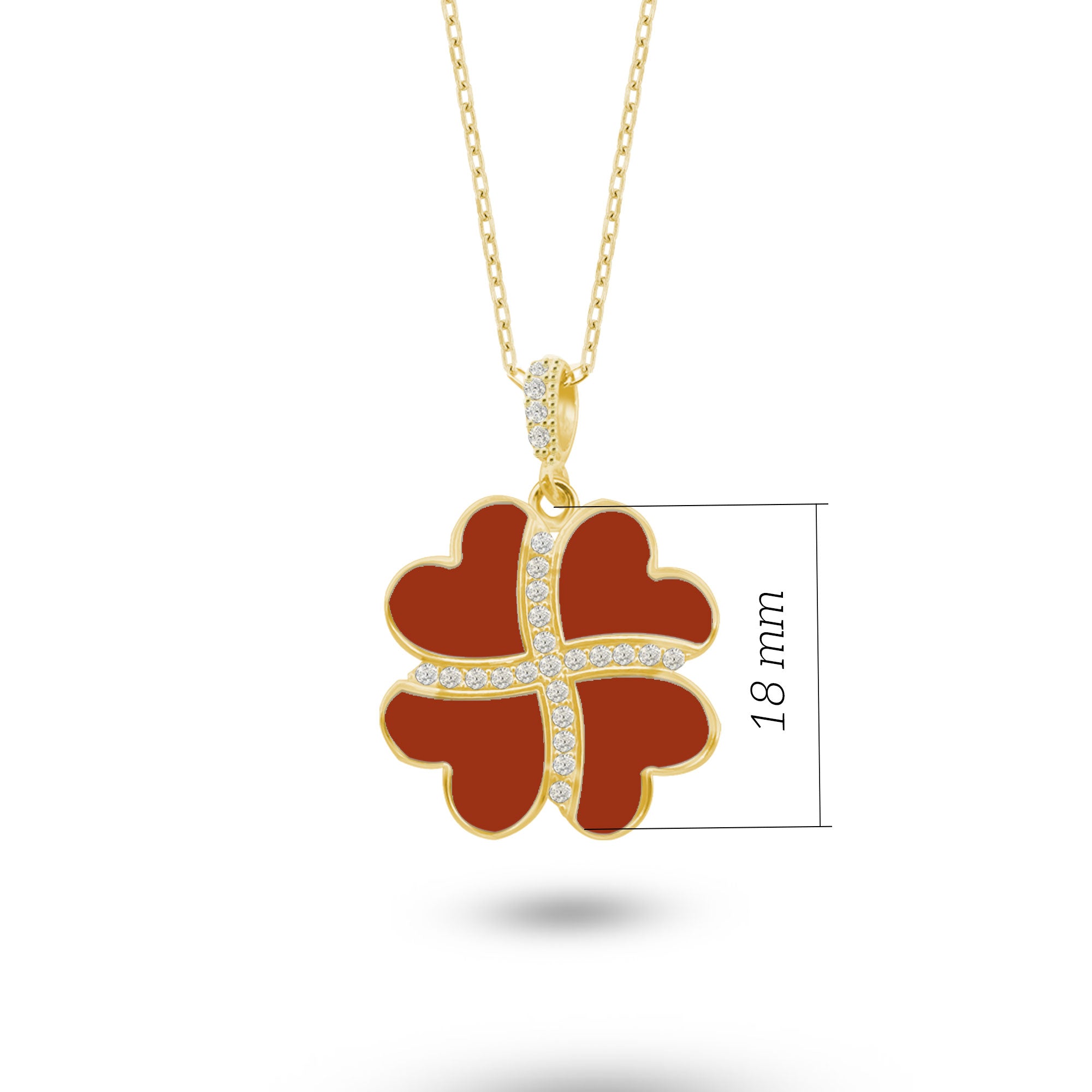 Gümüş Kalp Yonca Kolye, Kırmızı Akik Taşlı Kolye Ucu, 925 Ayar Gümüş, Şık Takı Hediye, Şans Getiren Tasarım