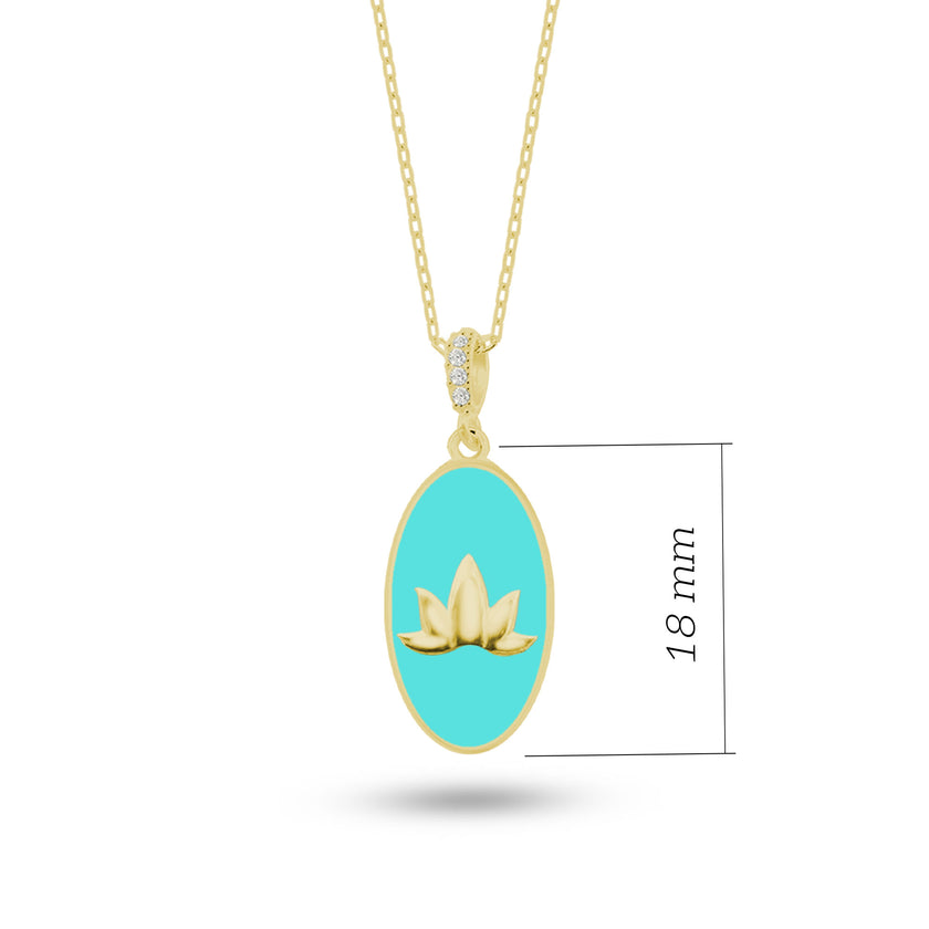 Doğal Taşlı Lotus Gümüş Kolye Oval Formlu SSLOTO