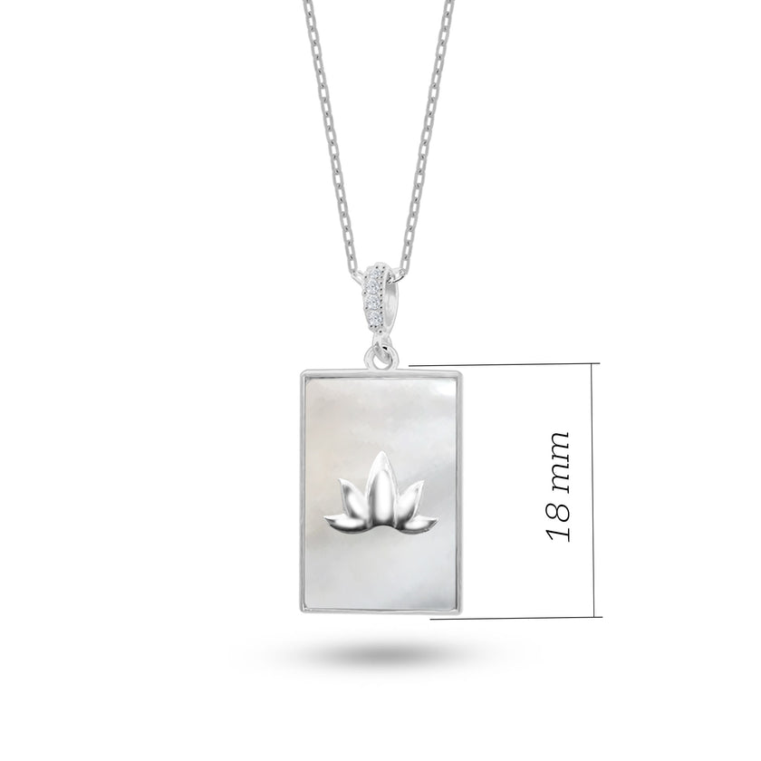 Sedef Taşlı Lotus Gümüş Kolye Dikdörtgen Formlu SSMARUS