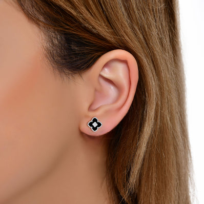 Oniks Taşlı Yonca 925 Ayar Gümüş Küpe SSROBKONIX