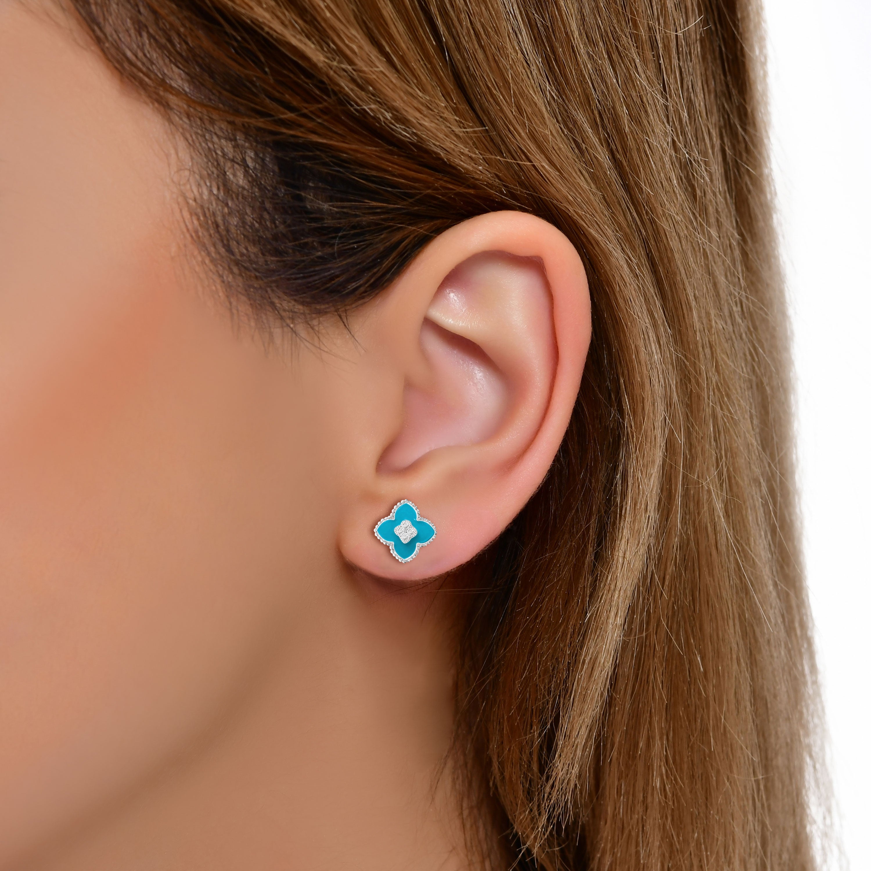 Mavi Taşlı Yonca 925 Ayar Gümüş Küpe SSROBMK