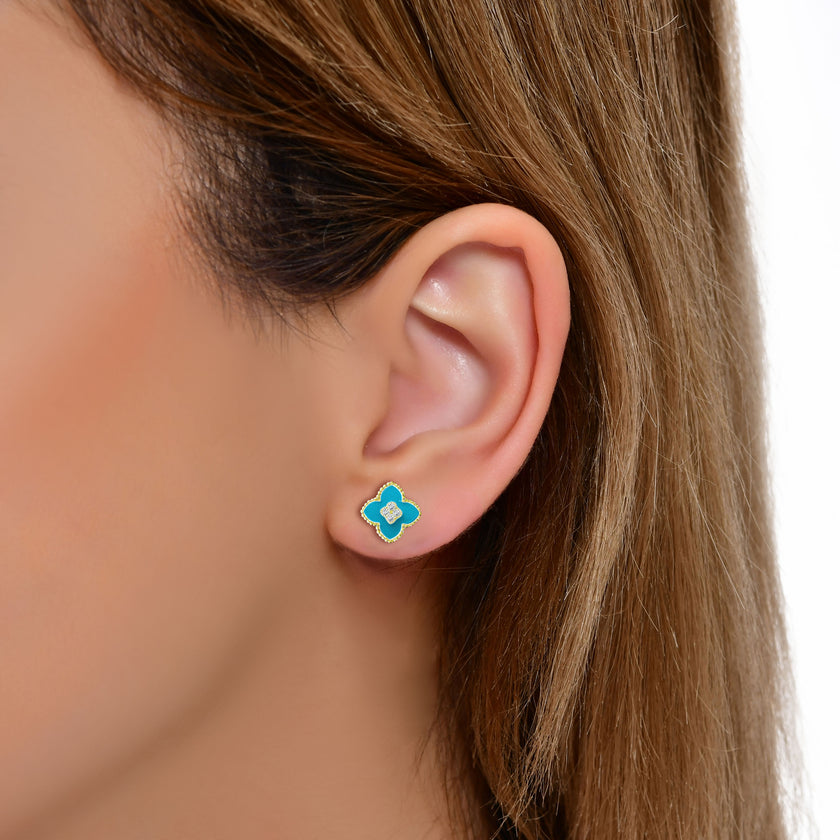 Mavi Taşlı Yonca 925 Ayar Gümüş Küpe SSROBMK