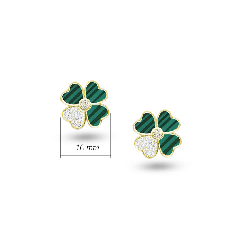 Yeşil Malahit Taşlı Yonca Gümüş Küpe 925 Ayar SSYONCA4KP