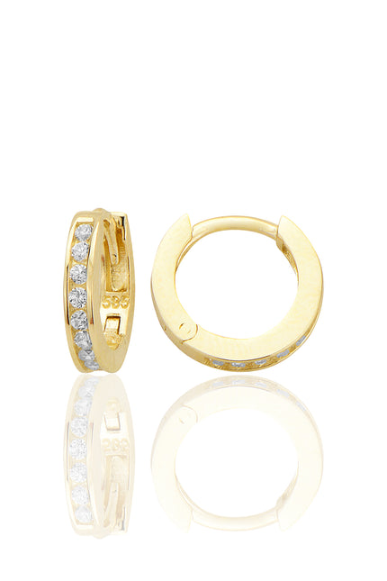 14 Ayar Altın Zirkon Taşlı Düz Minimalist Stud Huggie Küpe AT007