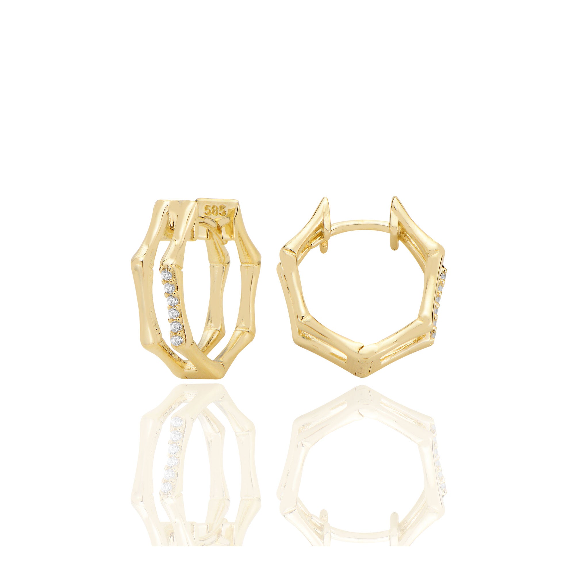 14 ayar Altın Çiftli Beşgen Huggie Küpe Zirkon Taşlı T107