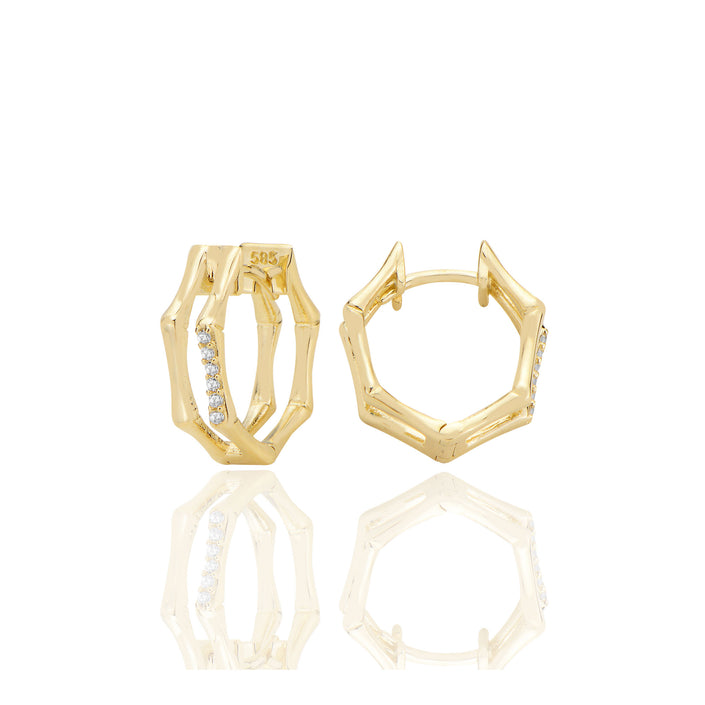 14 ayar Altın Çiftli Beşgen Huggie Küpe Zirkon Taşlı T107