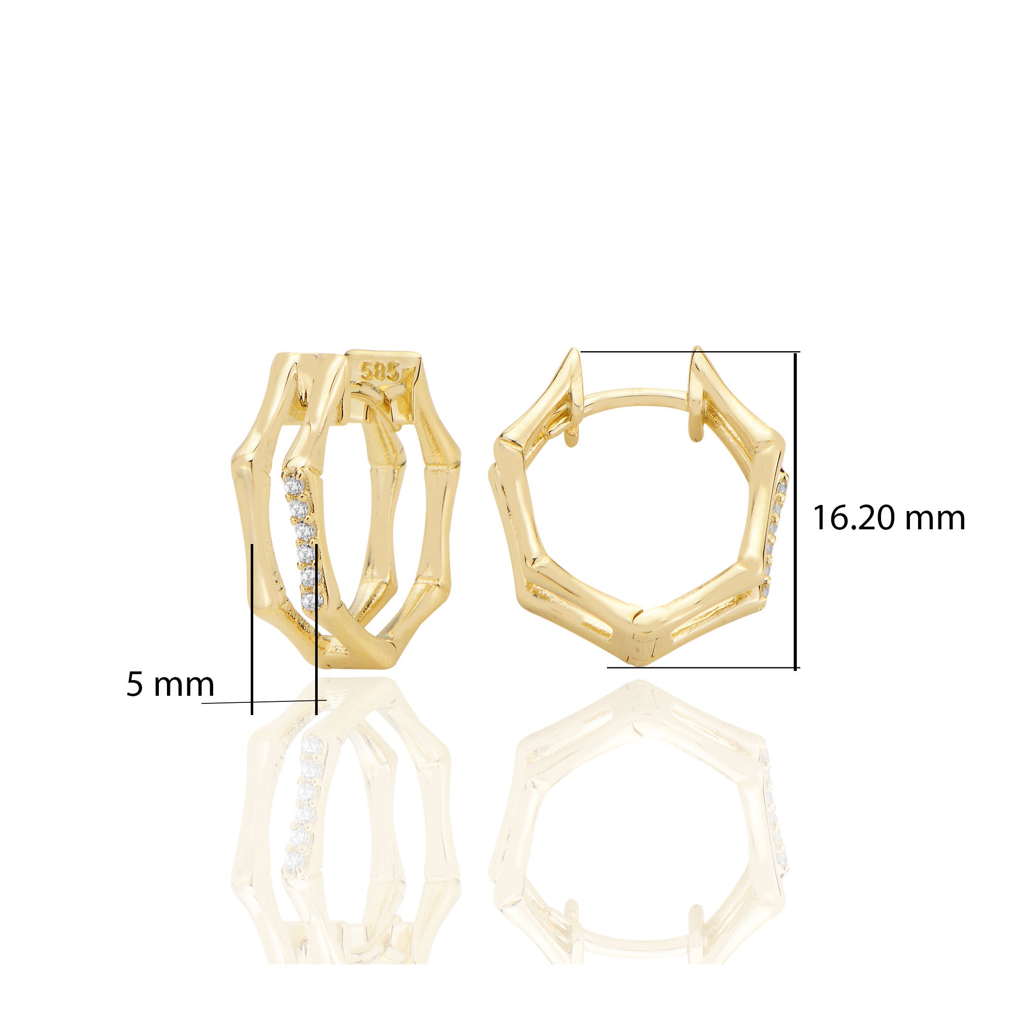 14 ayar Altın Çiftli Beşgen Huggie Küpe Zirkon Taşlı T107