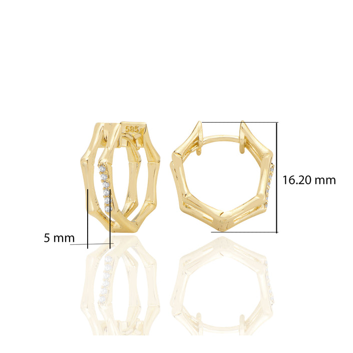 14 ayar Altın Çiftli Beşgen Huggie Küpe Zirkon Taşlı T107