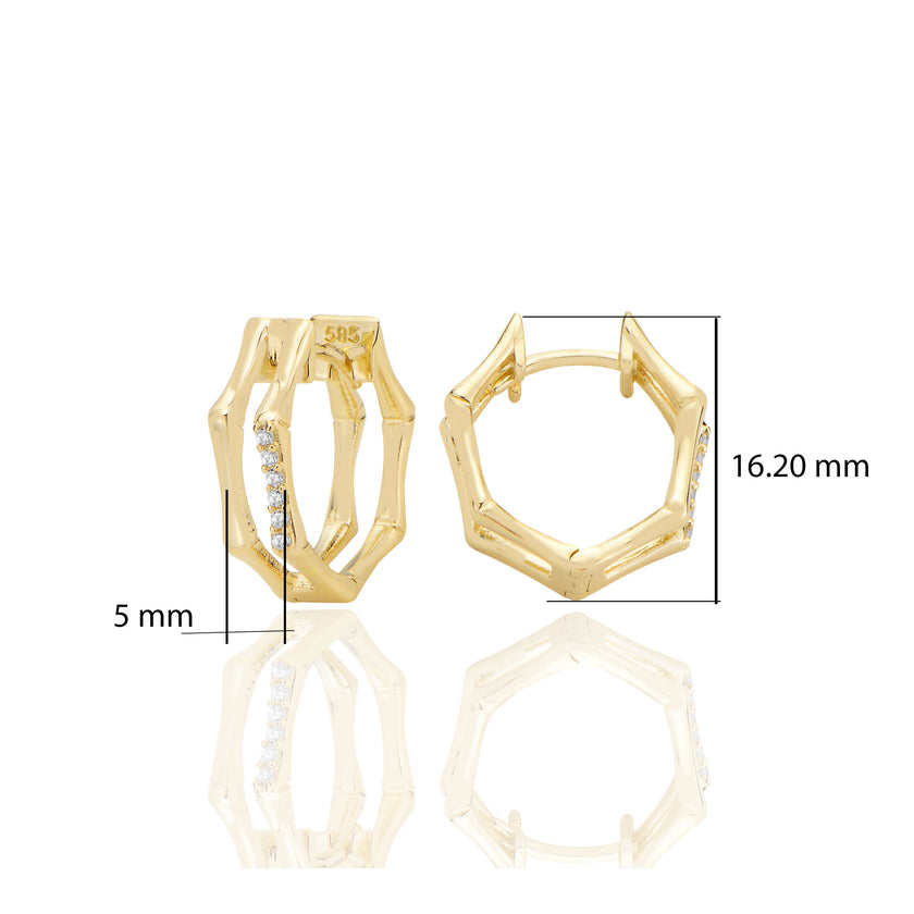 14 ayar Altın Çiftli Beşgen Huggie Küpe Zirkon Taşlı T107