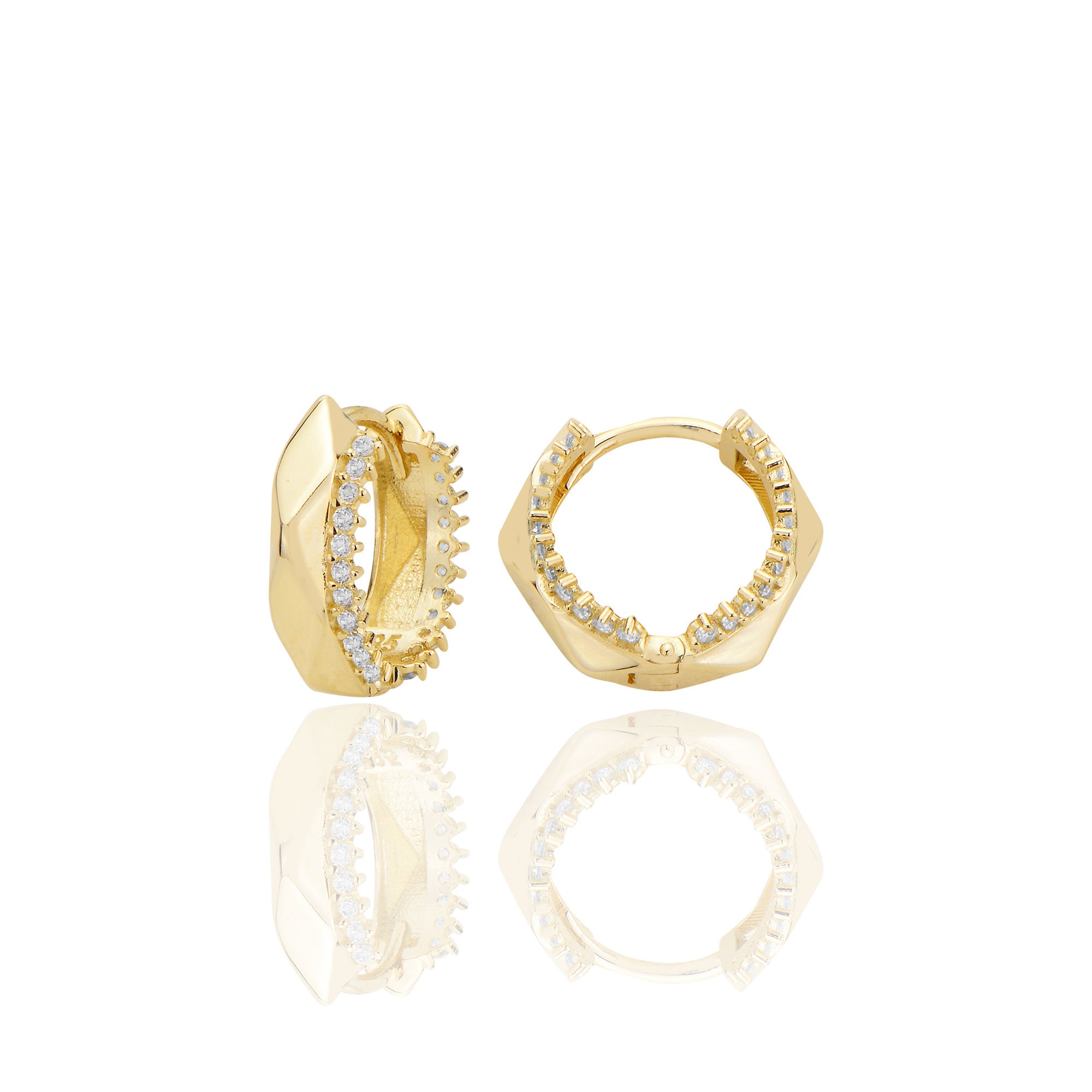 14 ayar Altın Beşgen Huggie Küpe Zirkon Taşlı T108