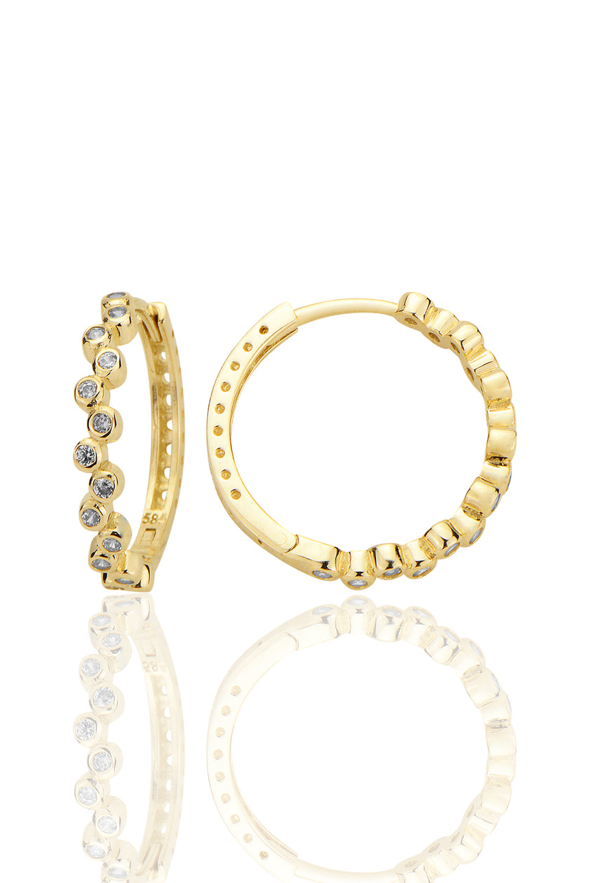 14 Ayar Altın Halka Huggie Taşlı Küpe Büyük Boy AT023