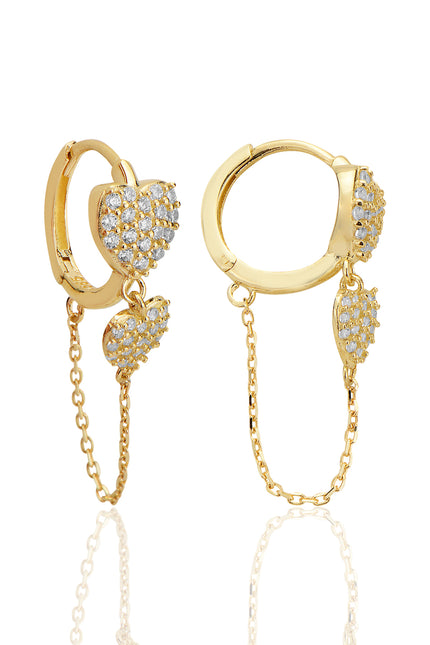 14 Ayar Altın Kalp Şeklinde Zincir Sallantılı Stud Taşlı Küpe T036