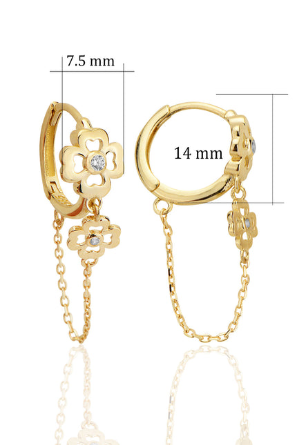 14 Ayar Altın Yonca Şeklinde Zincir Sallantılı Stud Taşlı Küpe T037