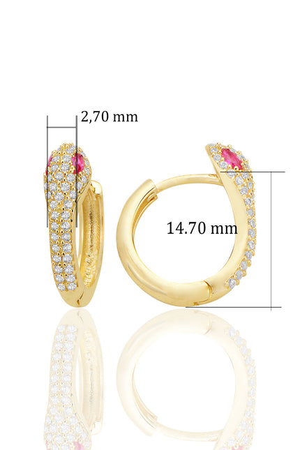 14 Ayar Altın Huggie Yılan Küpe Göz Detayı Kırmızı Taşlı T050