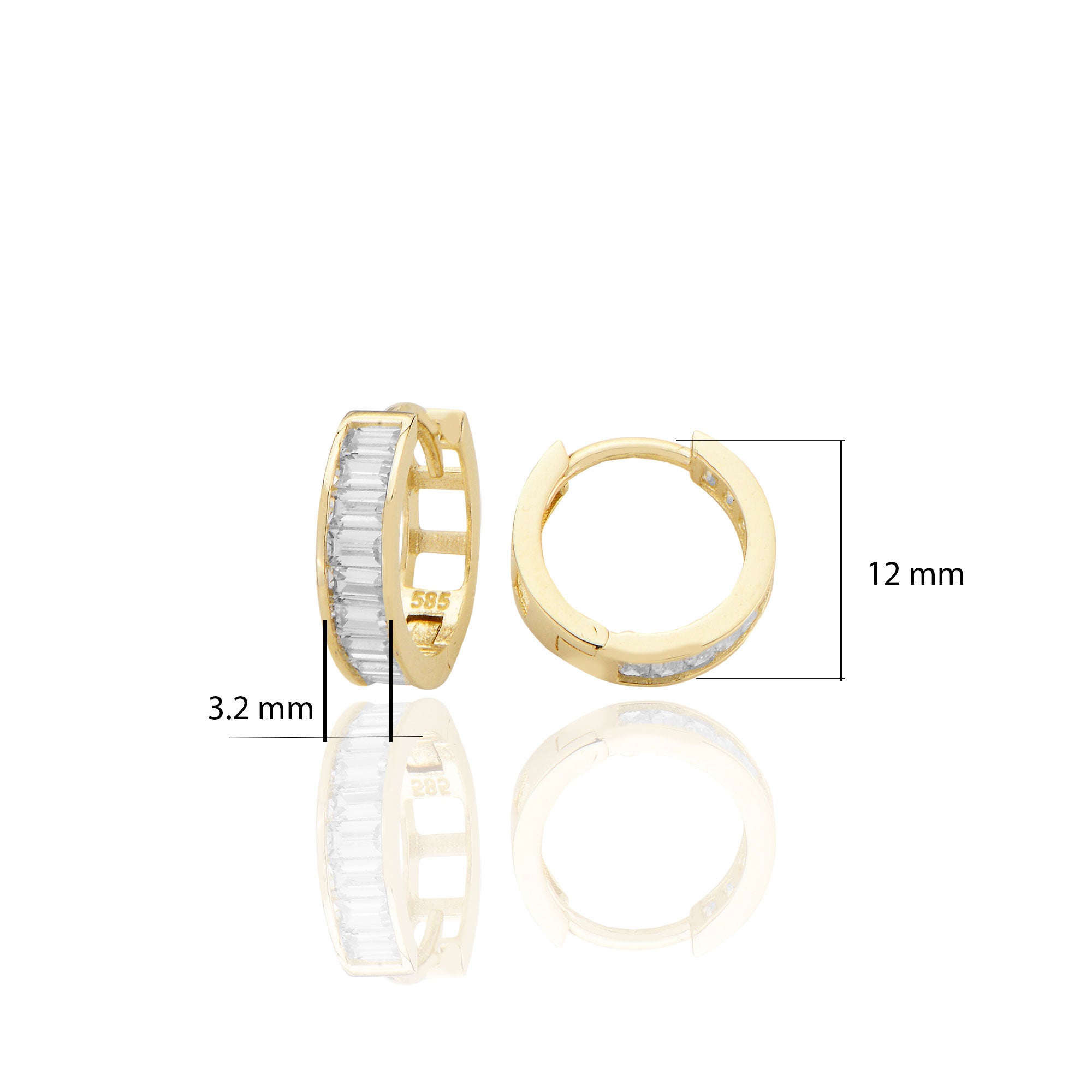 14 ayar Altın Huggie Baget Taşlı Halka Küpe Zirkon Taşlı T089