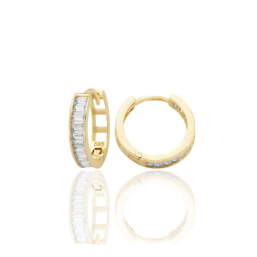 14 ayar Altın Huggie Baget Taşlı Halka Küpe Zirkon Taşlı T091