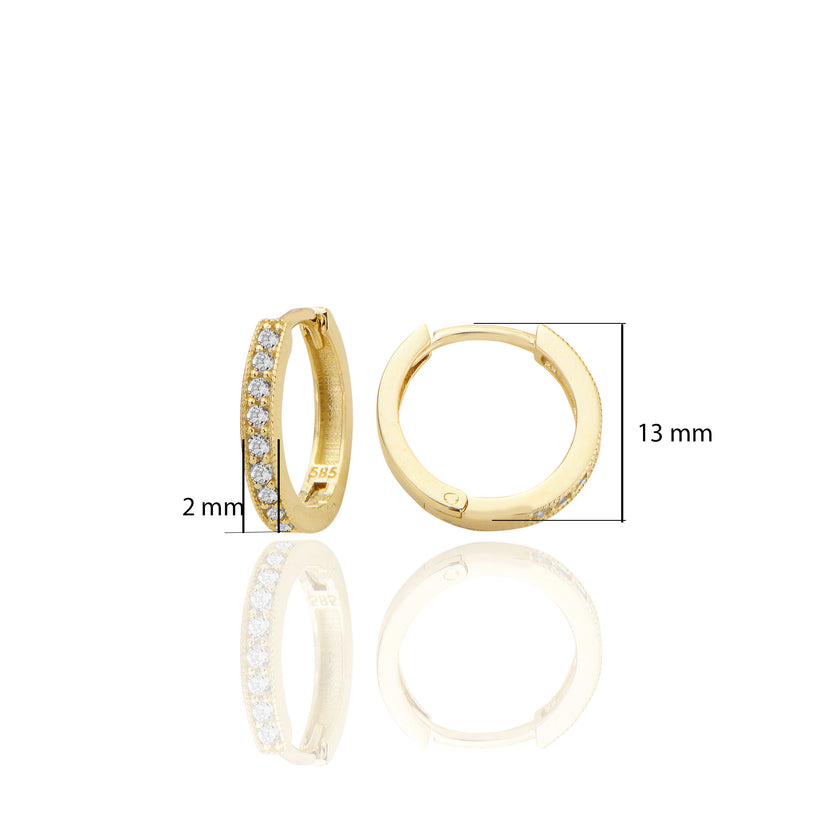 14 ayar Altın Huggie Halka Küpe Zirkon Taşlı T093