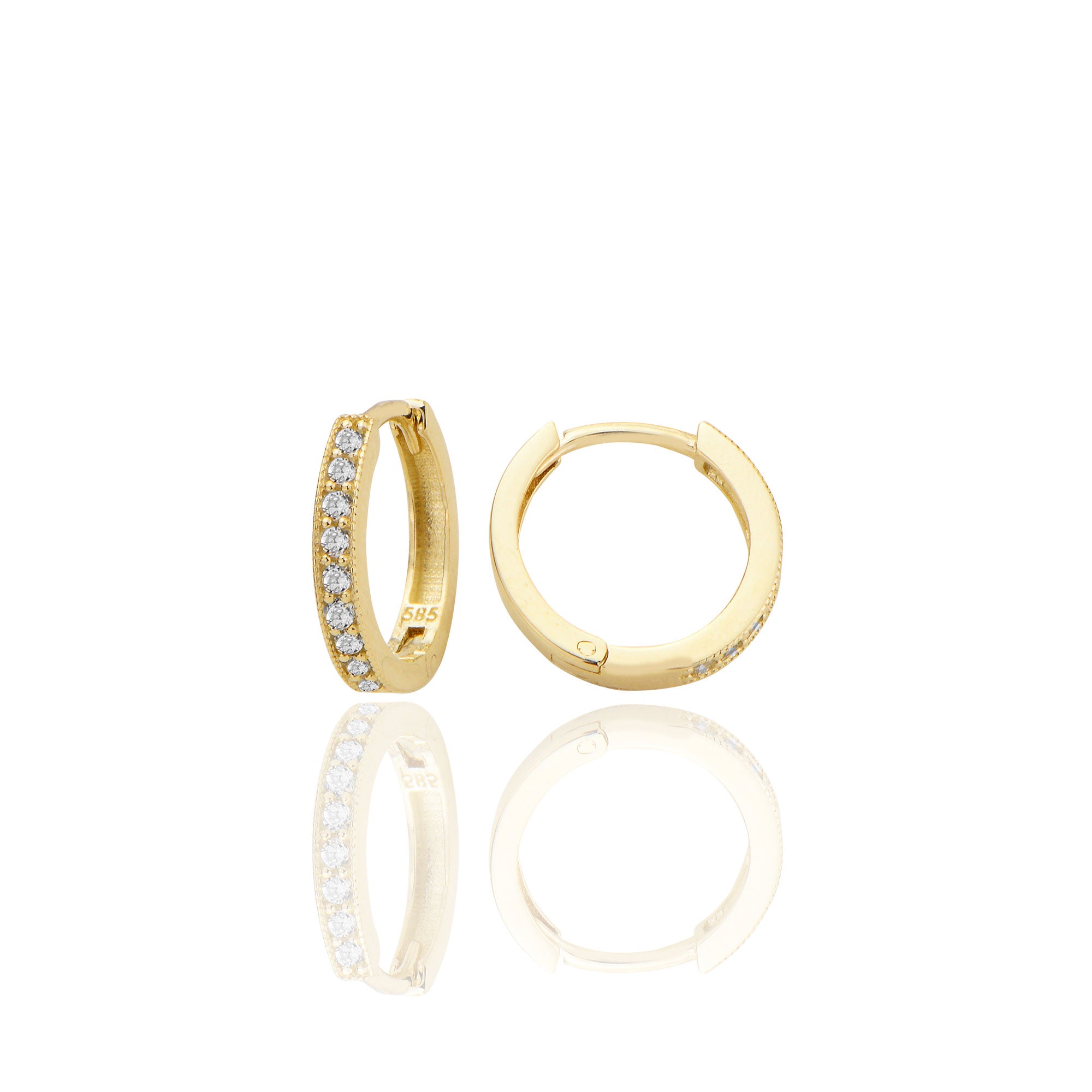 14 ayar Altın Huggie Halka Küpe Zirkon Taşlı T093