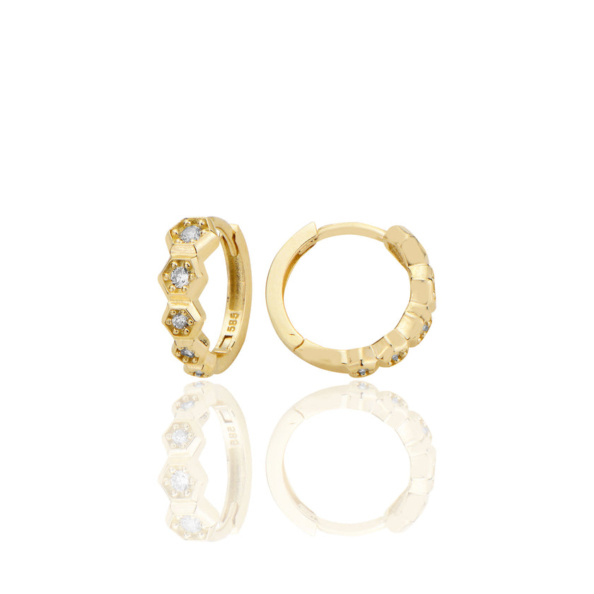 14 ayar Altın Huggie Petek Sırataşlı Küpe Zirkon Taşlı T095