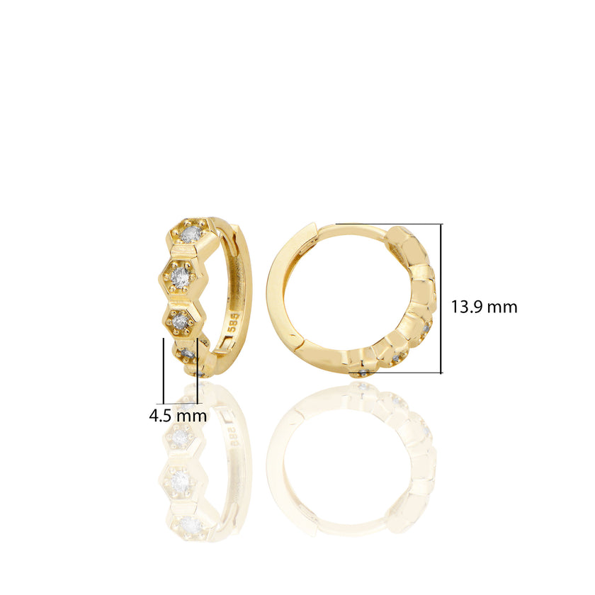 14 ayar Altın Huggie Petek Sırataşlı Küpe Zirkon Taşlı T095