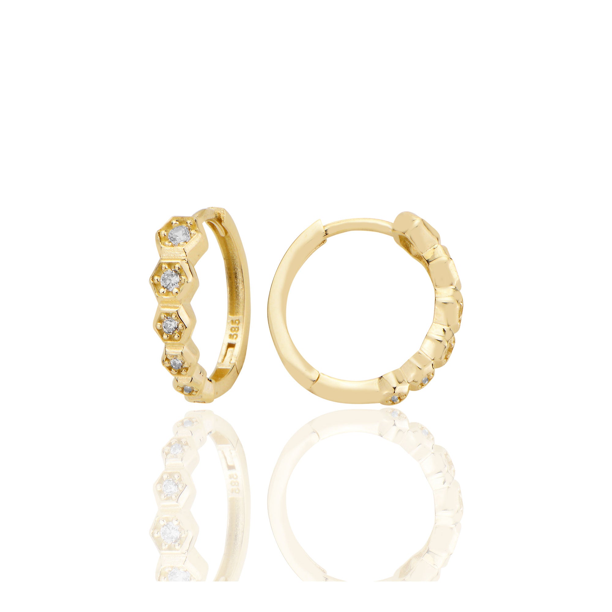 14 ayar Altın Huggie Petek Sırataşlı Küpe Zirkon Taşlı T096