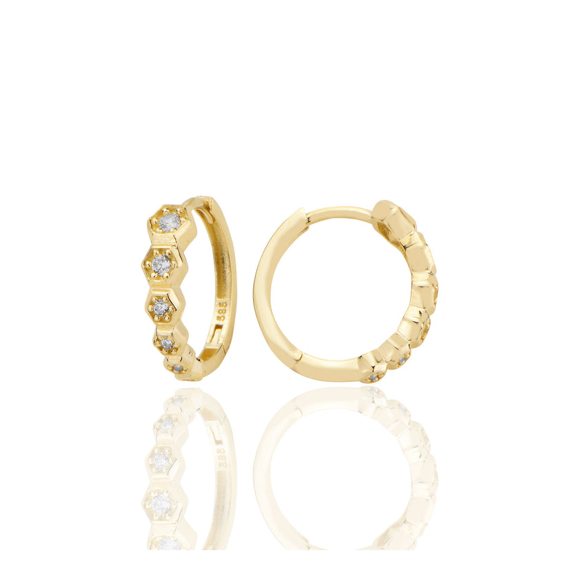 14 ayar Altın Huggie Petek Sırataşlı Küpe Zirkon Taşlı T096