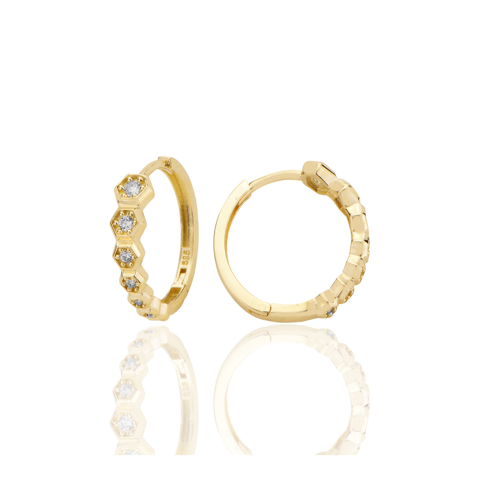 14 ayar Altın Huggie Petek Sırataşlı Küpe Zirkon Taşlı T097