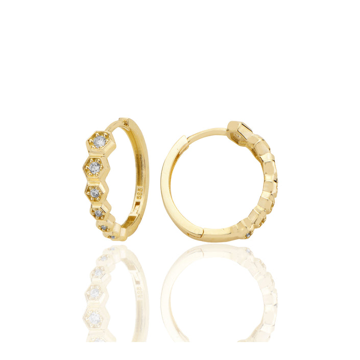 14 ayar Altın Huggie Petek Sırataşlı Küpe Zirkon Taşlı T097