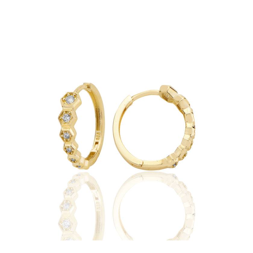 14 ayar Altın Huggie Petek Sırataşlı Küpe Zirkon Taşlı T097