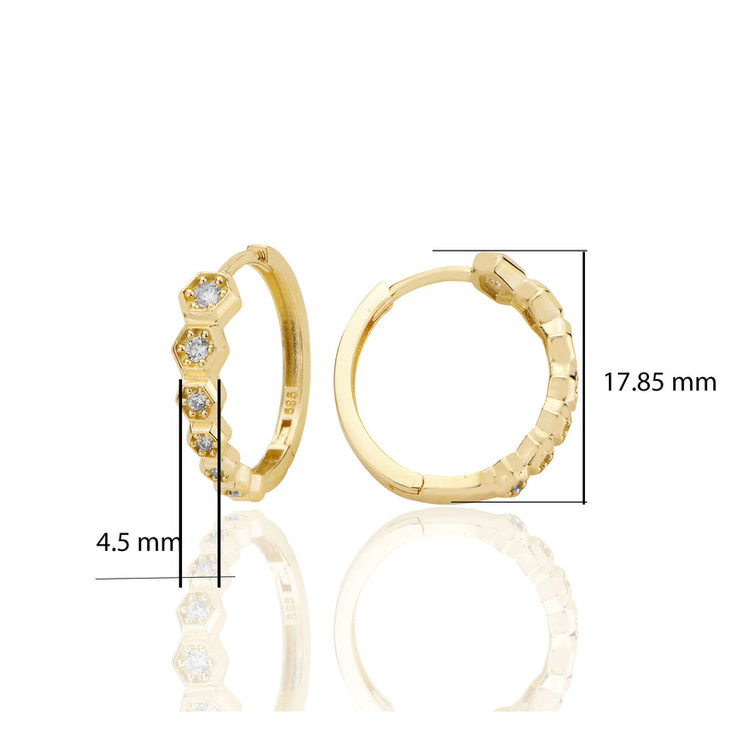14 ayar Altın Huggie Petek Sırataşlı Küpe Zirkon Taşlı T097