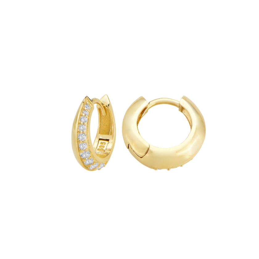 Altın 14 Ayar Huggie Küpe Minimalist Form Yeşil Maden Altın Sarı Renk T137