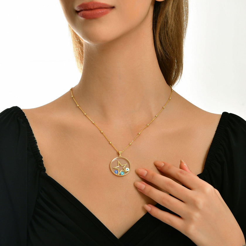 Shiny Spectra 925 Gümüş Cam içinde Nazar Boncuklu Şans Yıldız Kolye SSSN001